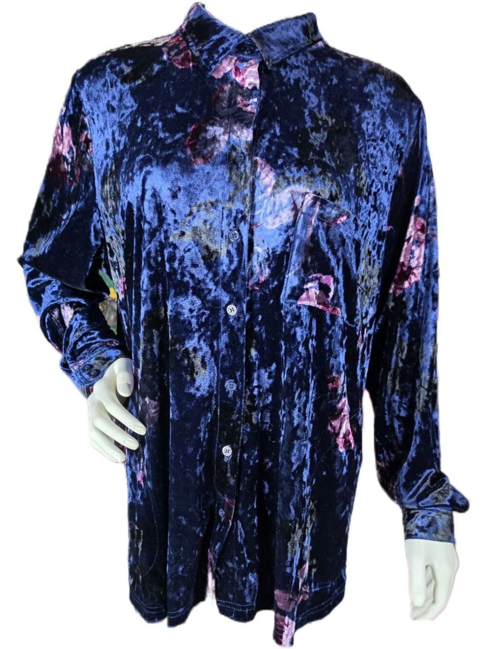 Belle by Kim Gravel Velvet Big Shirt L Indigo Floral Whimsigoth Dark Fairy GUC